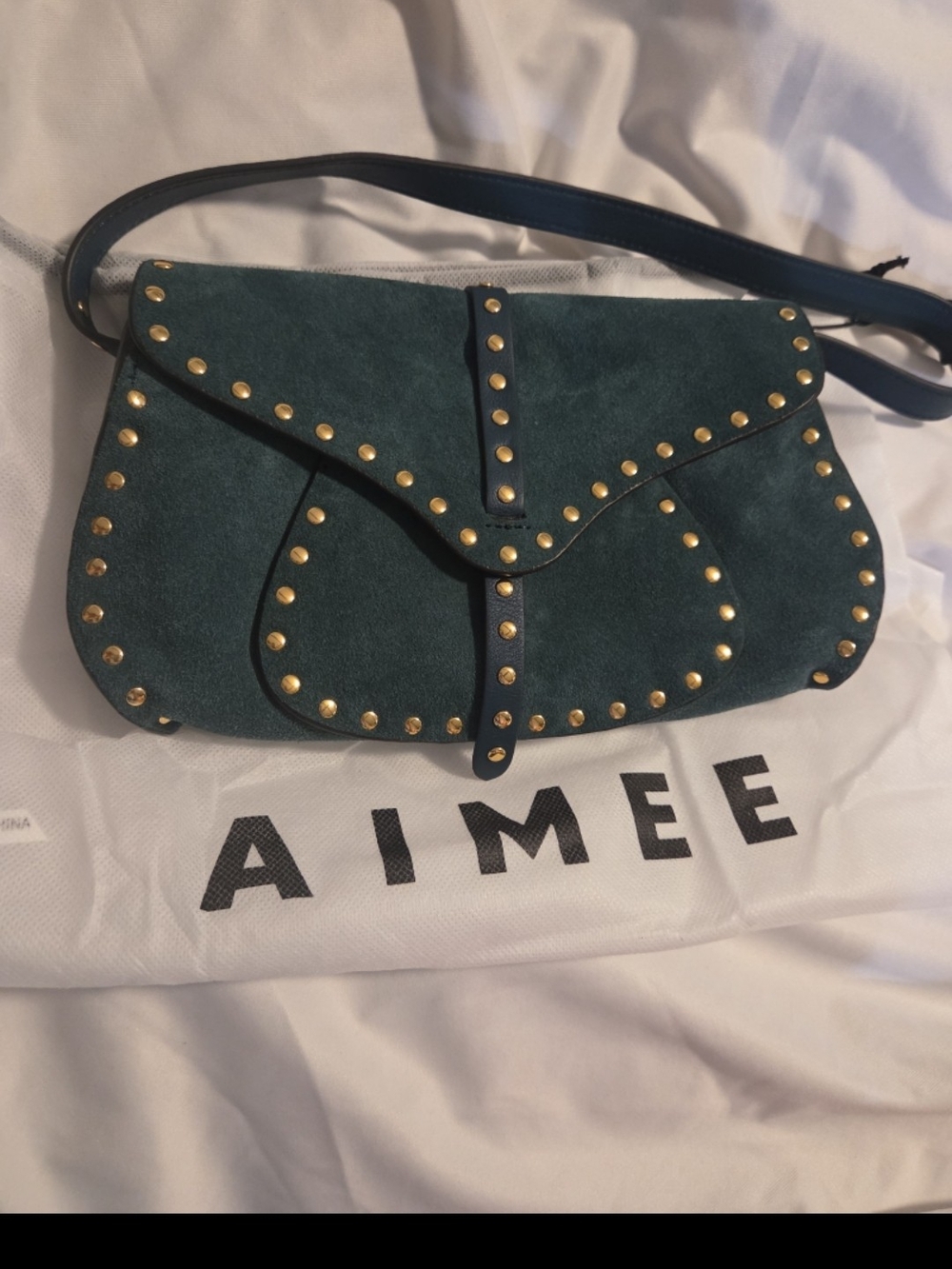NWT Aimee Kestenberg Amour Baguette Teal Suede Studded Shoulder Bag